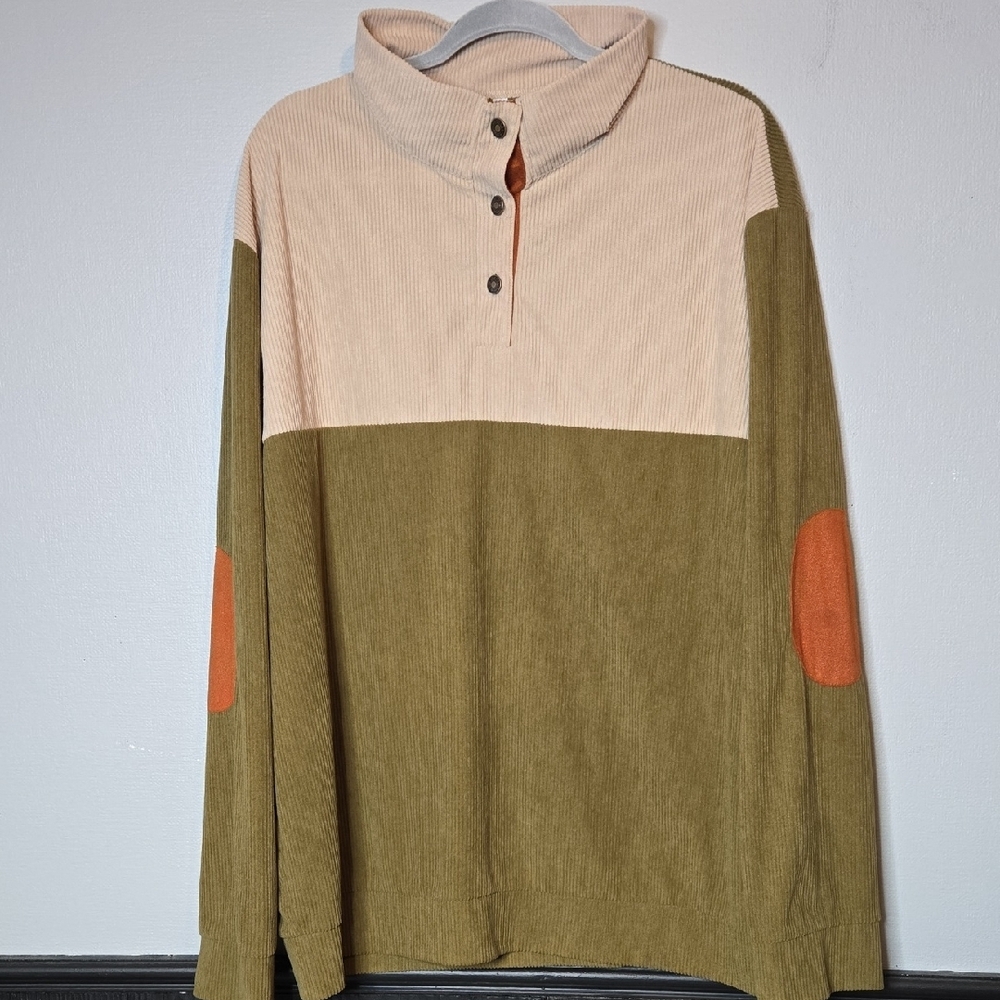 Hengsheng Jeans Corduroy Color Block Pullover, Elbow Patches, Tan Green, 2X